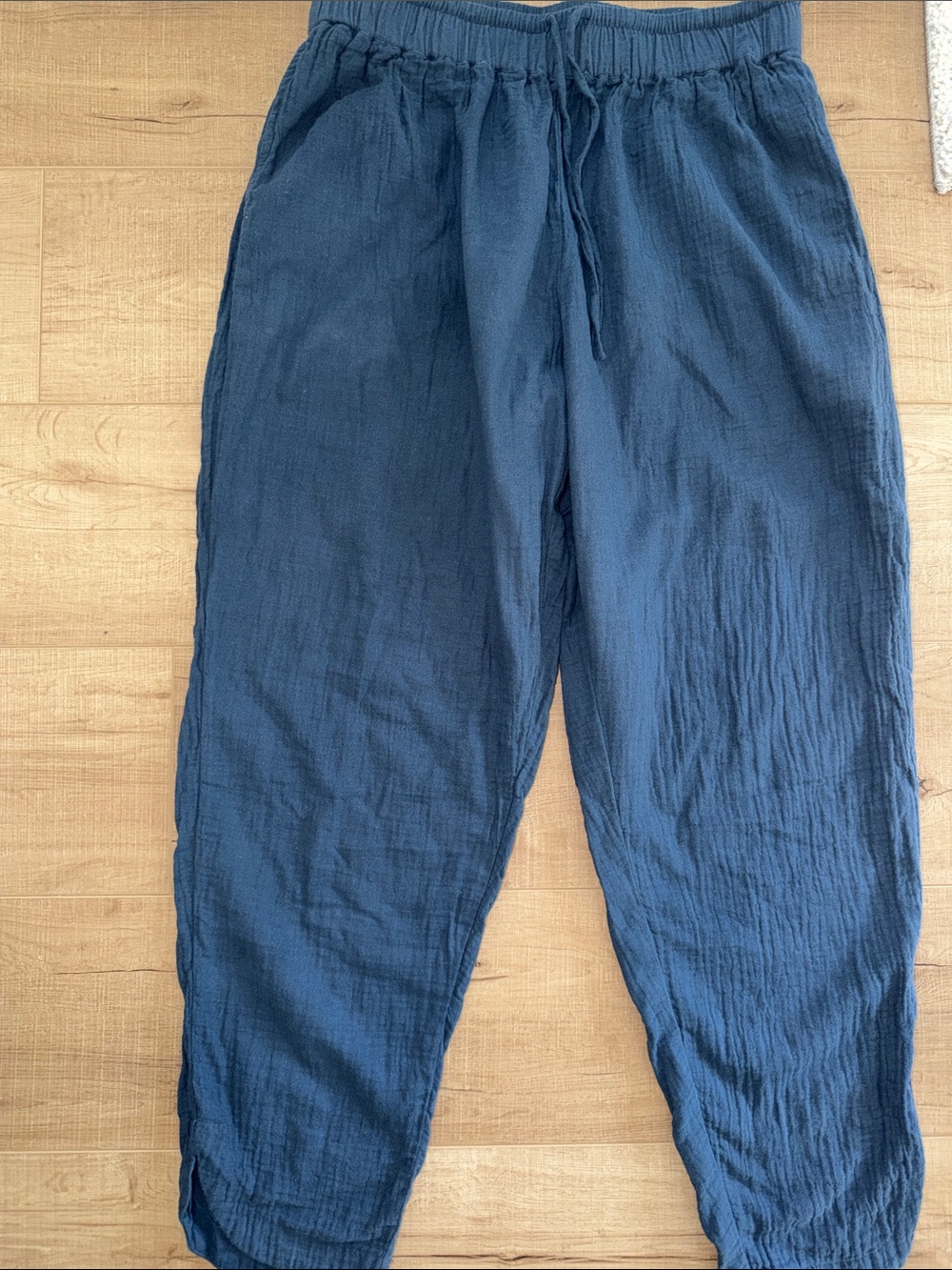 Pact Women’s Cotton Gauze Navy Tapered Elastic Waist -Drawstring Pants-MED